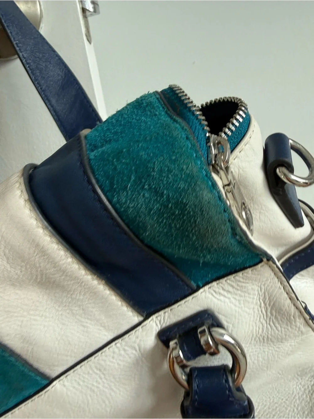 Karen Millen Teal, White & Navy Striped Satchel